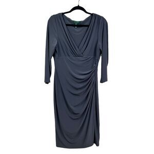 Lauren Ralph Lauren Womens Sheath Dress Plunge V Neck Ruched Stretch Gray Sz 10*